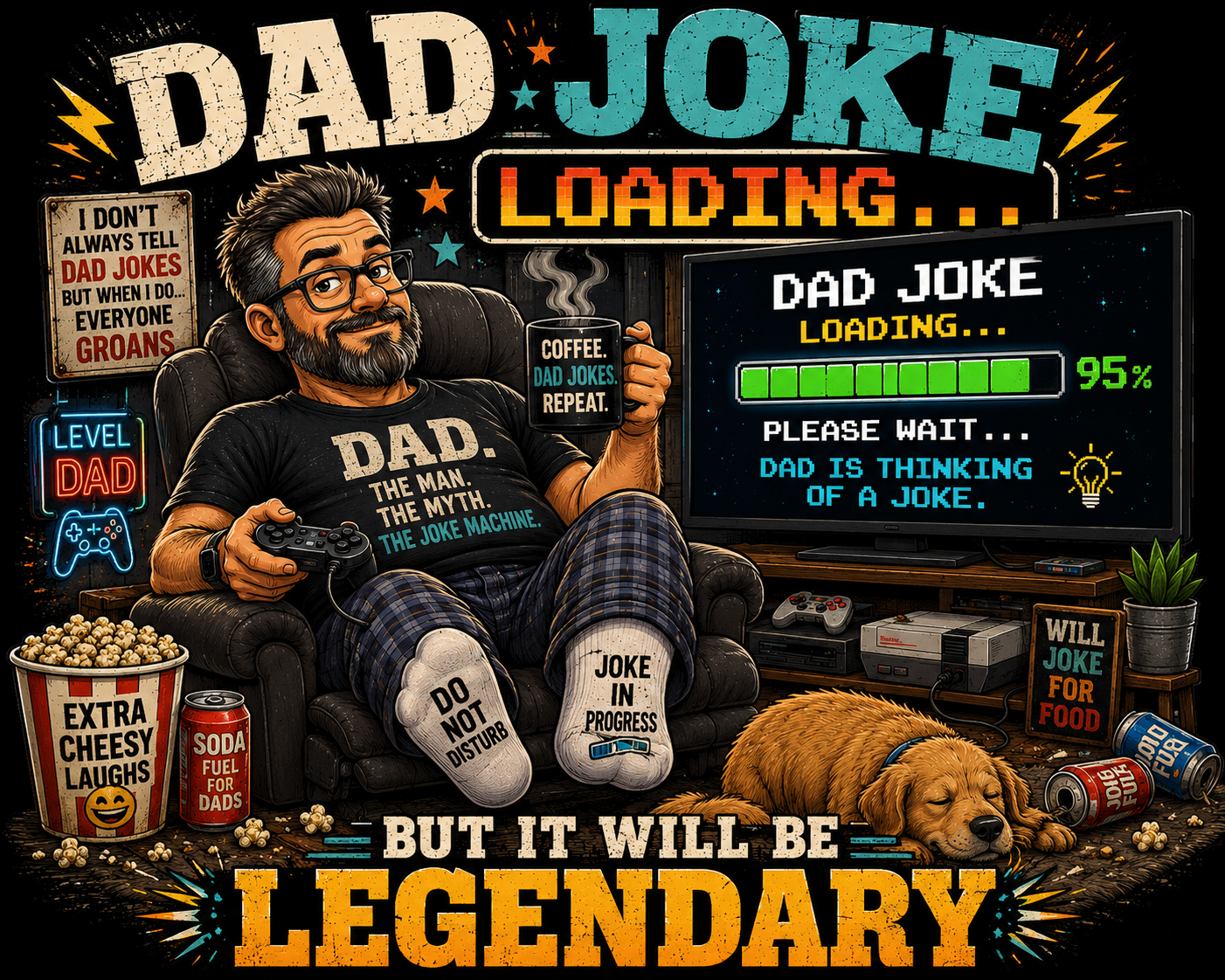 A stylized comic-style illustration of a bearded man wearing glasses, a black graphic T-shirt, and plaid pajama pants while sitting in a chair and holding a coffee mug. A TV screen beside him reads 'Dad Joke Loading.