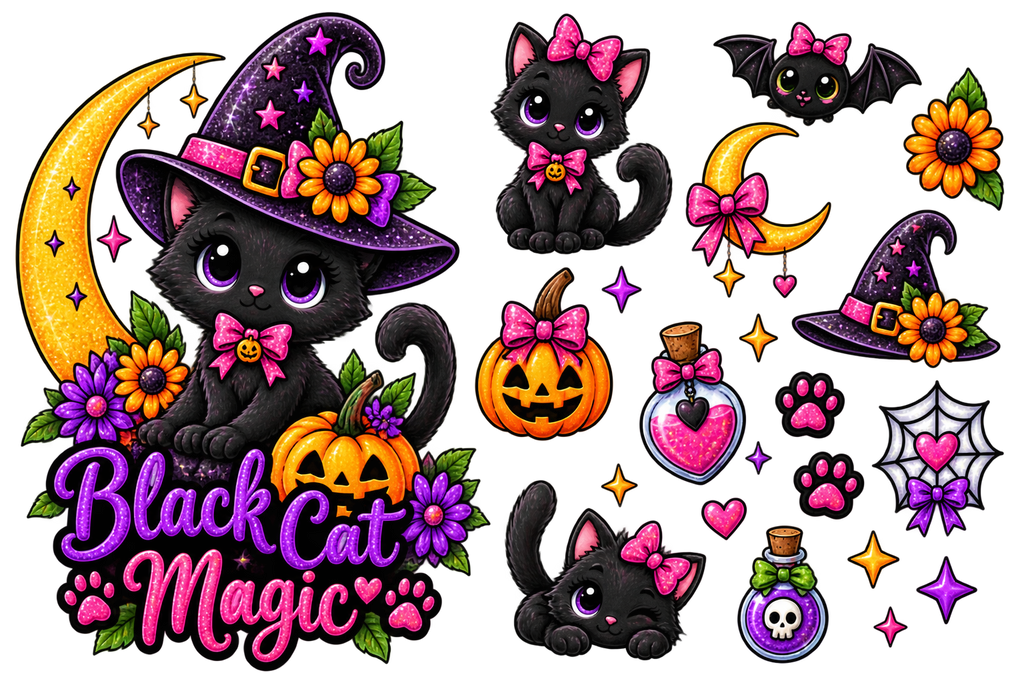 A Halloween-themed sticker or decal sheet featuring cute black cats, a witch hat, moon, pumpkins, flowers, bats, paw prints, spiderwebs, potion bottles, stars, and the text 'Black Cat Magic' on a white background.