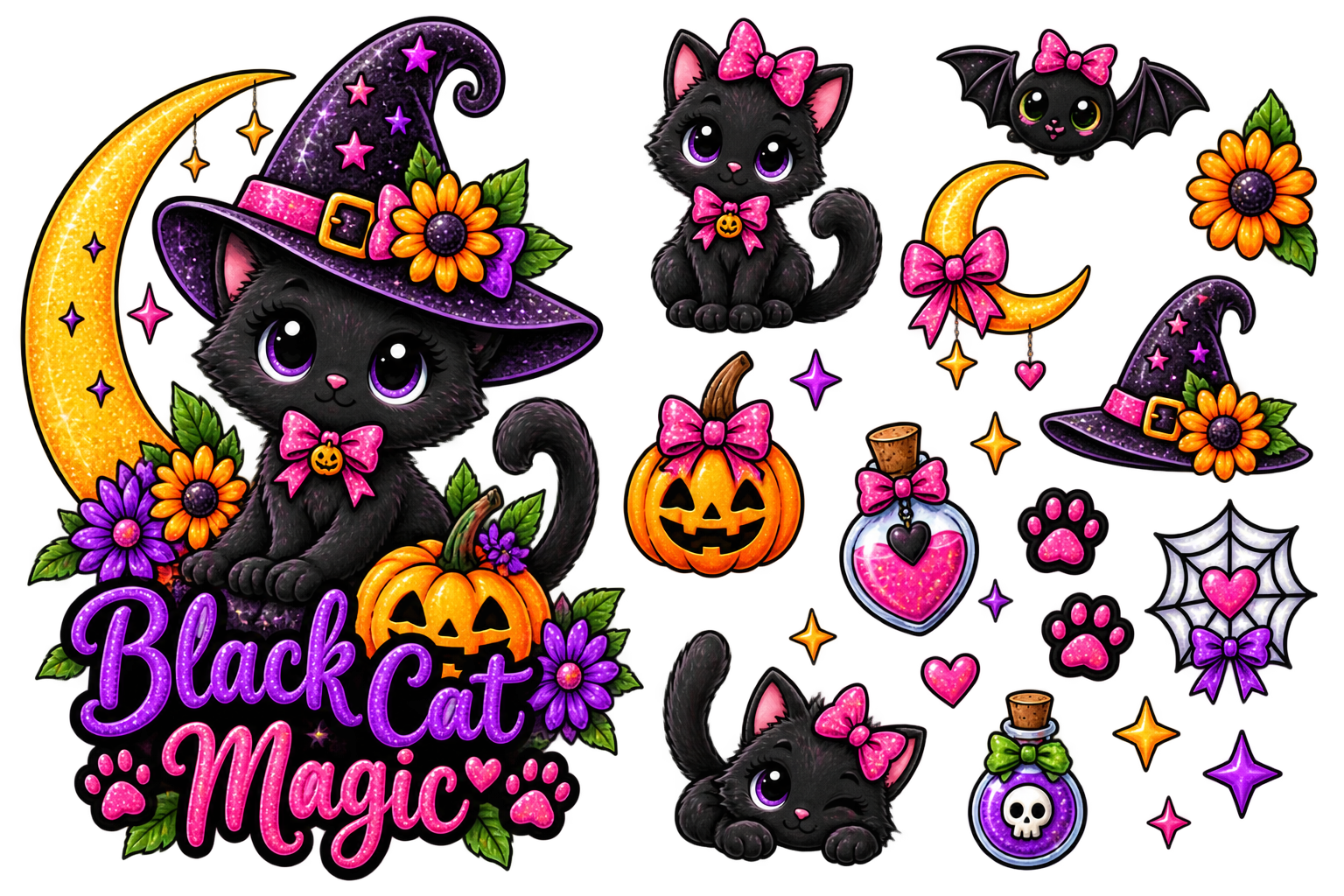 A Halloween-themed sticker or decal sheet featuring cute black cats, a witch hat, moon, pumpkins, flowers, bats, paw prints, spiderwebs, potion bottles, stars, and the text 'Black Cat Magic' on a white background.