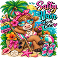 A colorful cartoon-style summer beach scene with a cow wearing pink sunglasses and a pink bikini lounge chair on sand, surrounded by palm trees, hibiscus flowers, flip-flops, a beach bag, starfish, and the text 'Salty Hair Don't Care'.