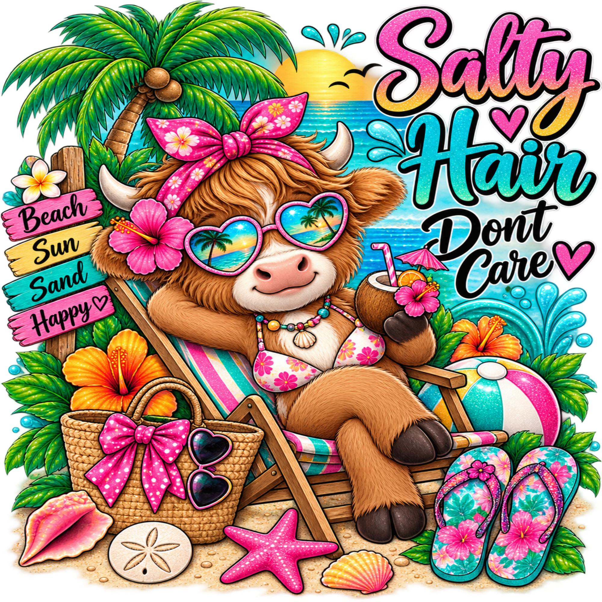 A colorful cartoon-style summer beach scene with a cow wearing pink sunglasses and a pink bikini lounge chair on sand, surrounded by palm trees, hibiscus flowers, flip-flops, a beach bag, starfish, and the text 'Salty Hair Don't Care'.