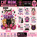 A promotional collage for a 'Cat Mom UV DTF Decal Collection' by Las Print Studio, showing a large set of 10 unique vinyl decals (including 9 mini decals) with various designs like cat portraits, paw prints, hearts, and humorous quotes. The decals feature pink, purple, black, and orange colors.