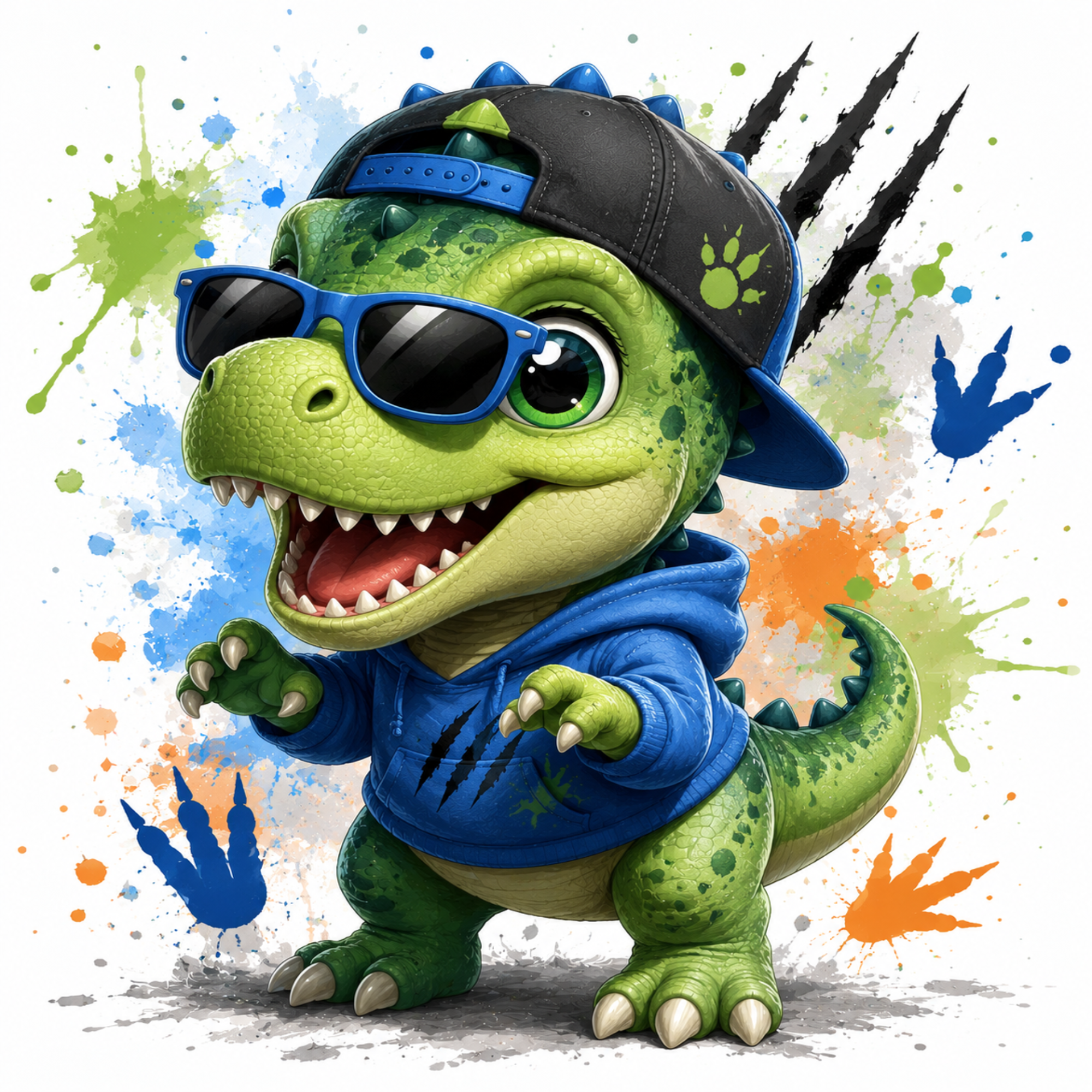 A cute cartoon baby dinosaur wearing a black cap with blue spikes, blue sunglasses, and a blue hoodie, surrounded by colorful paint splatters on a white background.