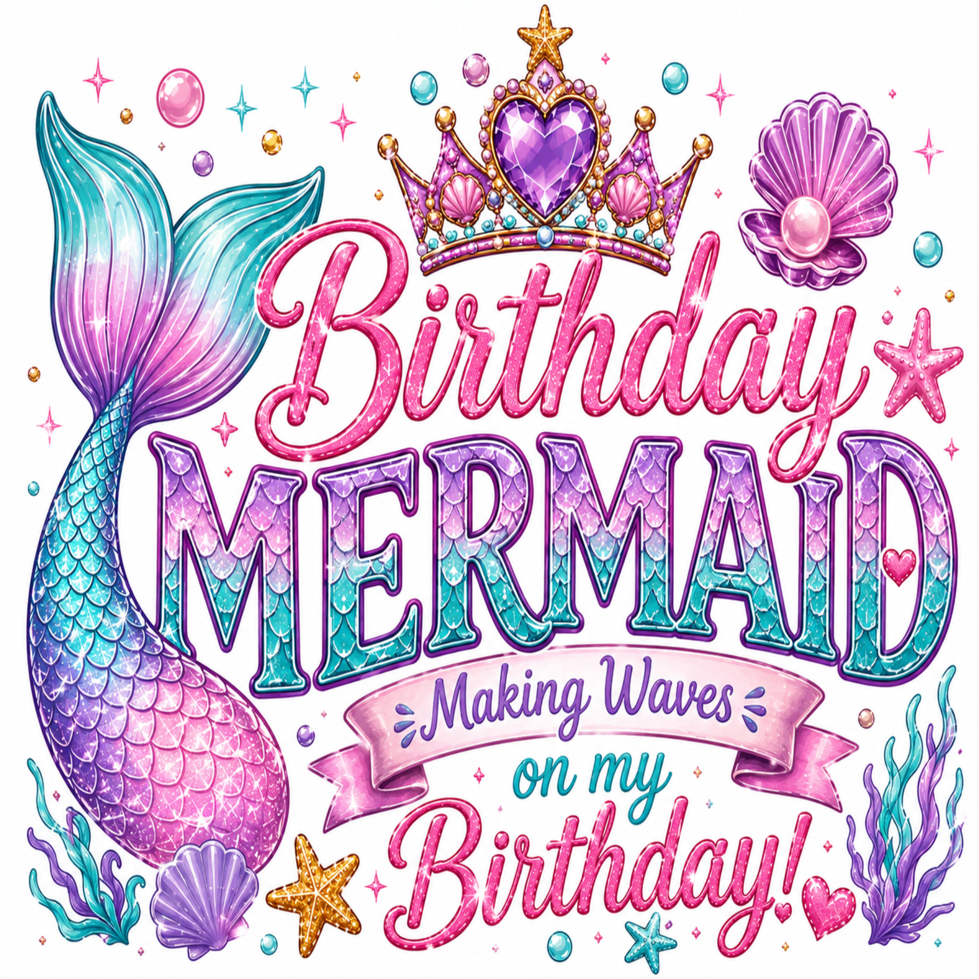 Mermaid-themed birthday graphic with a mermaid tail, crown, seashell, starfish, coral, and the text 'Birthday MERMAID Making Waves on my Birthday!' on a white background.