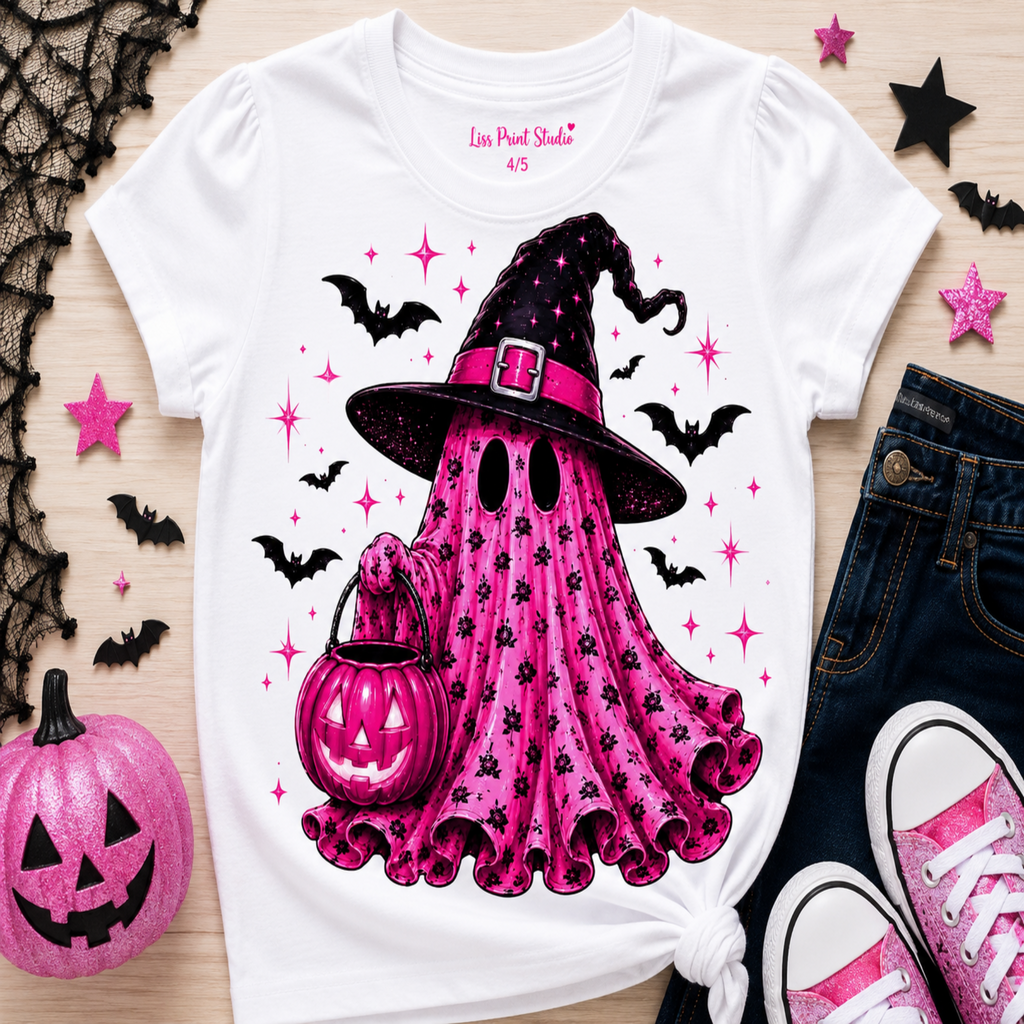 A white graphic T-shirt laid flat on a light wood surface, featuring a pink witch ghost design with a black hat, pink pumpkin, bats, and stars. The shirt is styled with a pink jack-o'-lantern, dark jeans, pink sneakers, black lace, and star decorations.
