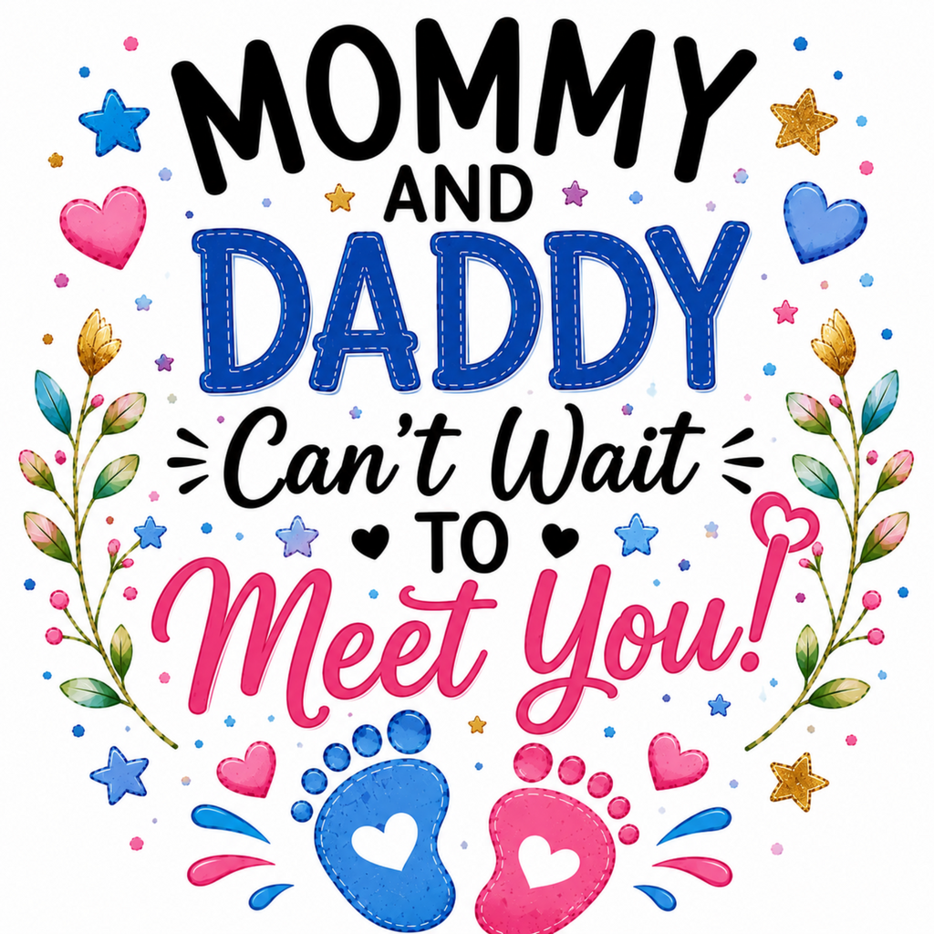 A square graphic design with the text 'MOMMY AND DADDY Can't Wait TO Meet You!' in black and pink lettering, surrounded by blue and pink hearts, stars, floral sprigs, and blue and pink baby footprints on a white background.