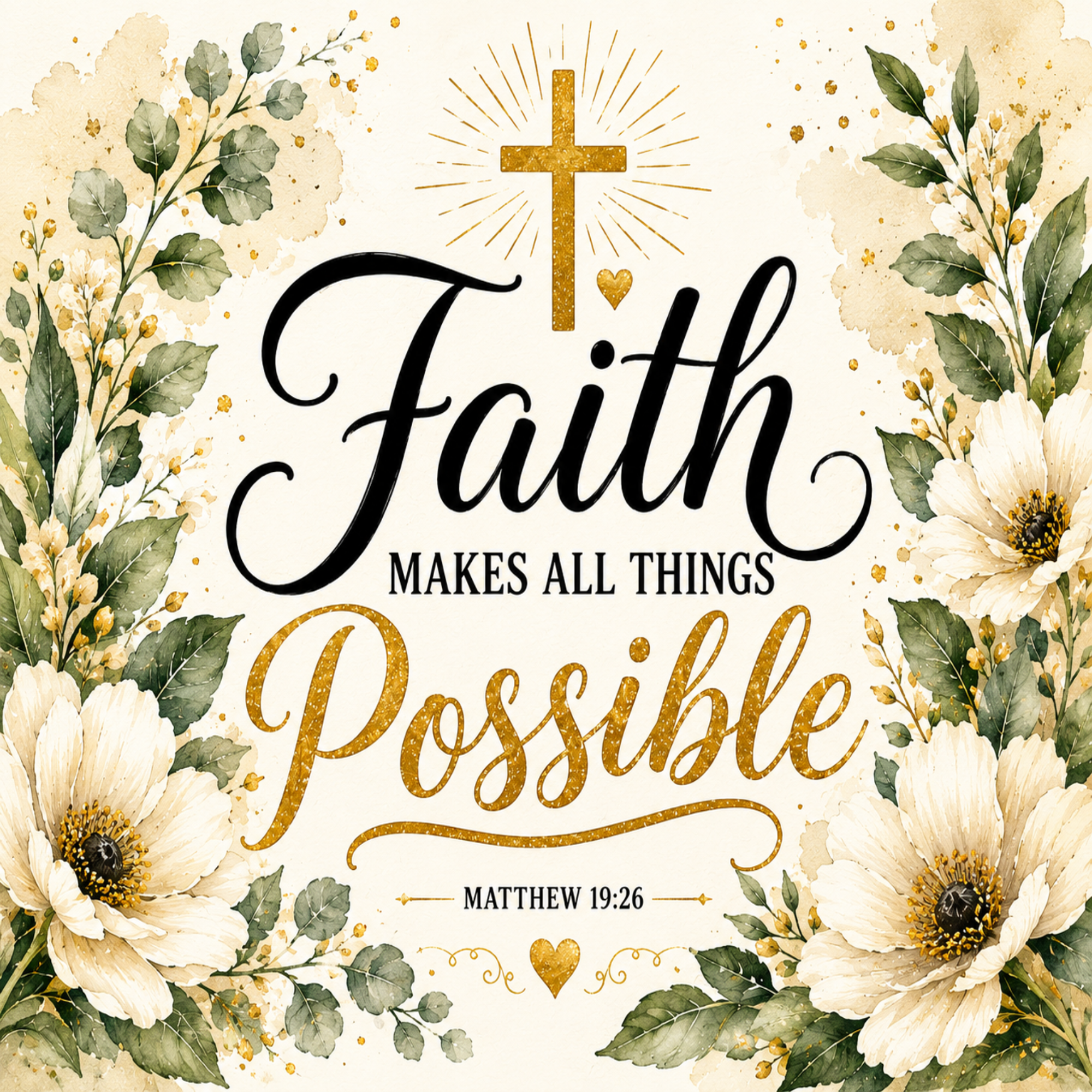 A square inspirational graphic with the words “Faith makes all things possible” and “Matthew 19:26” in black and gold typography, surrounded by watercolor-style flowers and green leaves on a cream background.