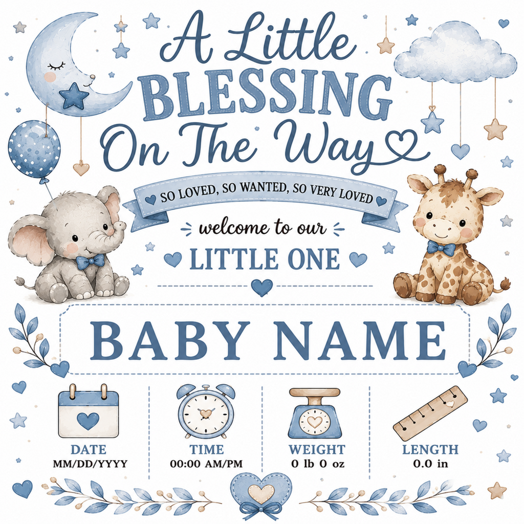 A baby shower sign or print with a blue and beige illustration theme. It features a cute elephant and giraffe, a crescent moon, stars, and clouds, with the text 'A Little Blessing On The Way' and 'welcome to our LITTLE ONE'.