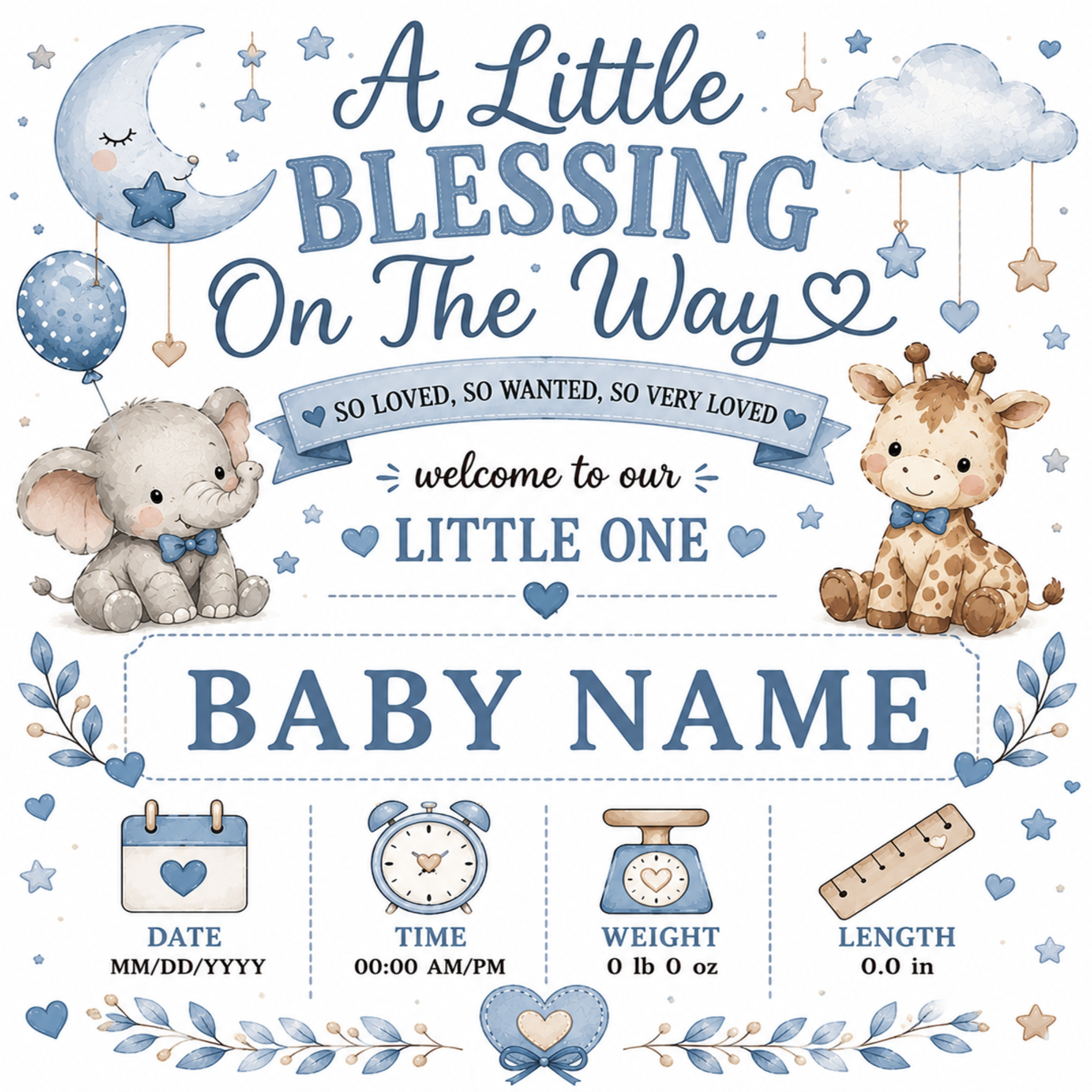 A baby shower sign or print with a blue and beige illustration theme. It features a cute elephant and giraffe, a crescent moon, stars, and clouds, with the text 'A Little Blessing On The Way' and 'welcome to our LITTLE ONE'.