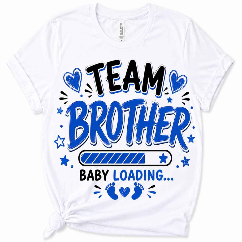 A white short-sleeve t-shirt with a graphic design that reads 'TEAM BROTHER BABY LOADING.