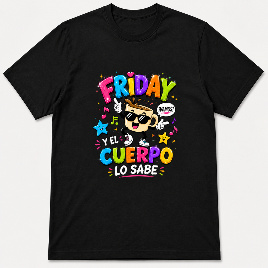 A black short-sleeve crewneck t-shirt with a colorful graphic on the chest. The graphic features the Spanish phrase 'FRIDAY Y EL CUERPO LO SABE' in vibrant, multicolored letters, accompanied by a cartoon illustration of a person wearing sunglasses and a speech bubble that says 'HAMOS'.