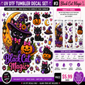 Promotional graphic for a Halloween-themed UV DTF tumbler decal set featuring black cats, pumpkins, moons, and purple decorative elements. The layout includes large sample artwork, smaller decal sizes, pricing, and text explaining that the set includes one large design plus mini decals to complete the tumbler.