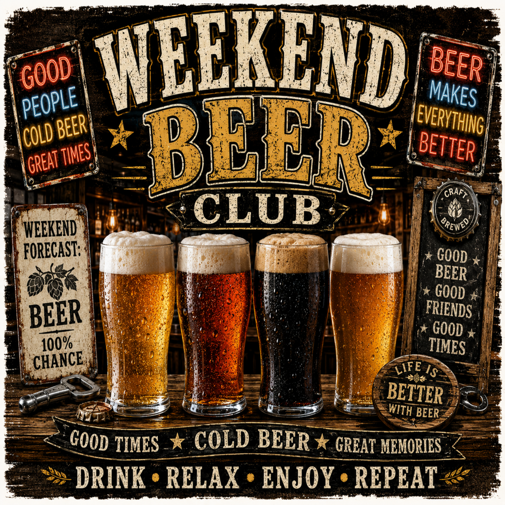 A rustic beer-themed sign or poster reading 'Weekend Beer Club' with four beer glasses, decorative text panels, and a distressed wood-style design.