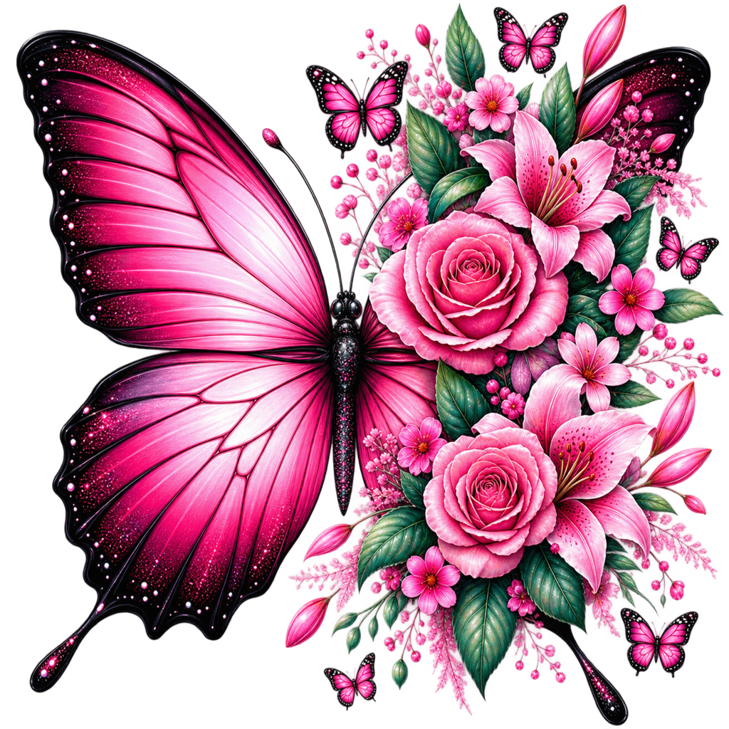 A vibrant digital illustration of a large pink butterfly with black wing borders, positioned next to a dense floral arrangement of pink roses, lilies, and small pink flowers with green leaves, accented by several smaller pink butterflies on a plain white background.