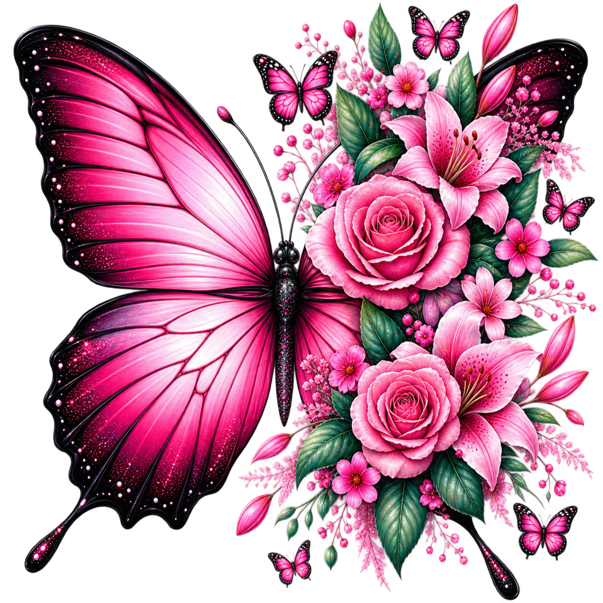 A vibrant digital illustration of a large pink butterfly with black wing borders, positioned next to a dense floral arrangement of pink roses, lilies, and small pink flowers with green leaves, accented by several smaller pink butterflies on a plain white background.