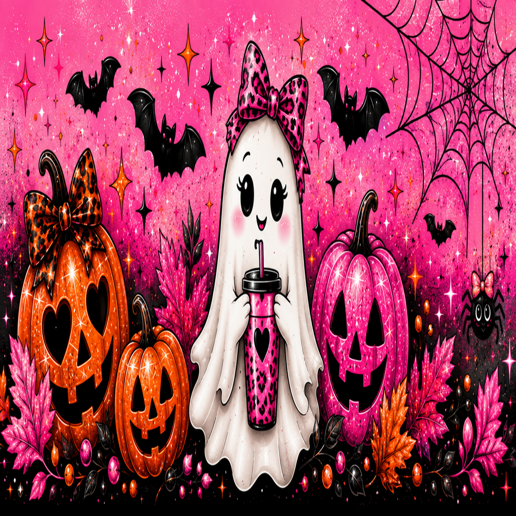 A colorful Halloween-themed illustration featuring a cute white ghost character in the center wearing a pink leopard-print bow and holding a pink drink with a heart. The scene includes two carved pumpkins, a pink spiderweb in the upper right, bats, stars, leaves, and beads on a bright pink background.