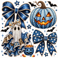 A Halloween-themed decorative graphic featuring a large blue rhinestone bow, a blue pumpkin jack-o'-lantern with glowing orange face, a ghost in a blue and white rhinestone dress holding a candy bucket, two black bats, blue stars, and small candy corn pieces on a white background.