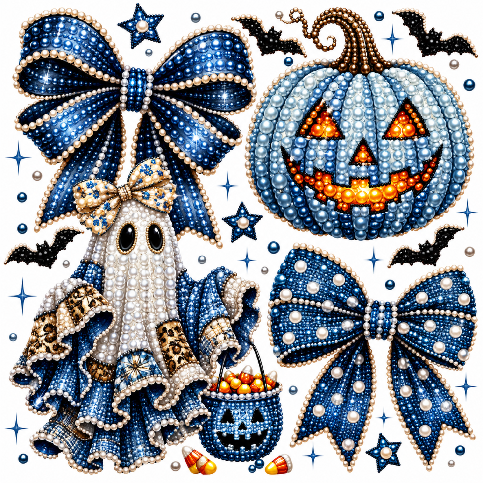A Halloween-themed decorative graphic featuring a large blue rhinestone bow, a blue pumpkin jack-o'-lantern with glowing orange face, a ghost in a blue and white rhinestone dress holding a candy bucket, two black bats, blue stars, and small candy corn pieces on a white background.