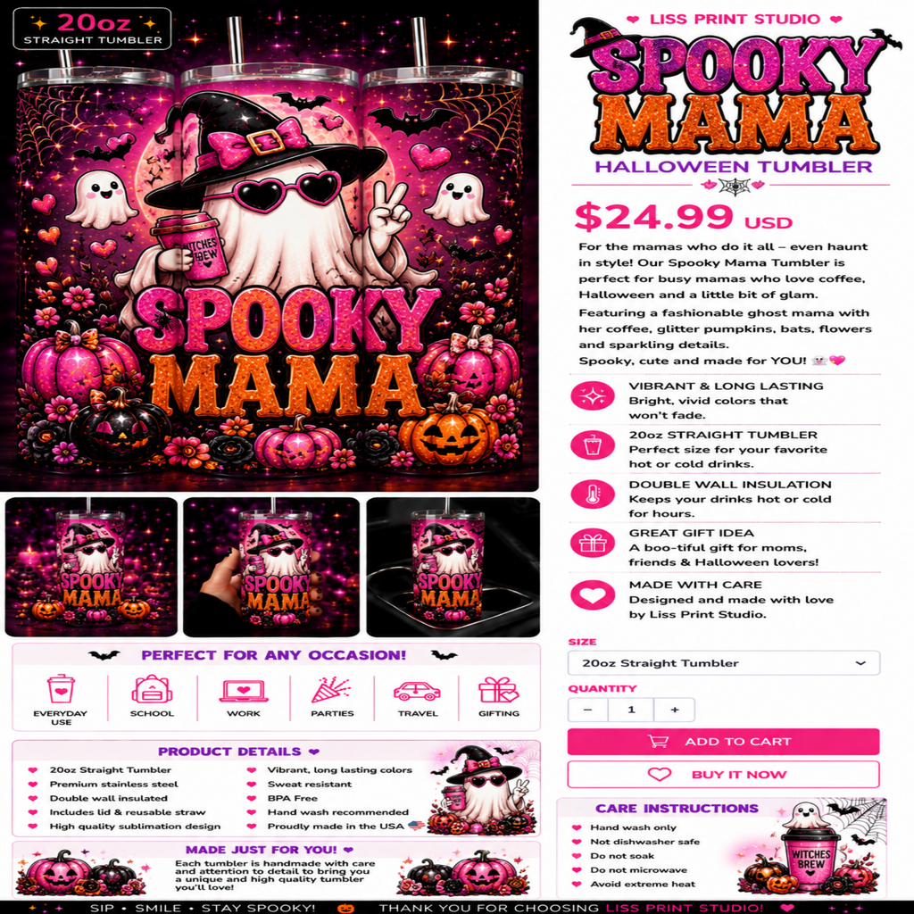 A promotional product page for a 'Spooky Mama' Halloween tumbler by Liss Print Studio. The page features a large preview of the vibrant pink, purple, and orange patterned tumbler, alongside smaller mockups showing how it looks when viewed from different angles.