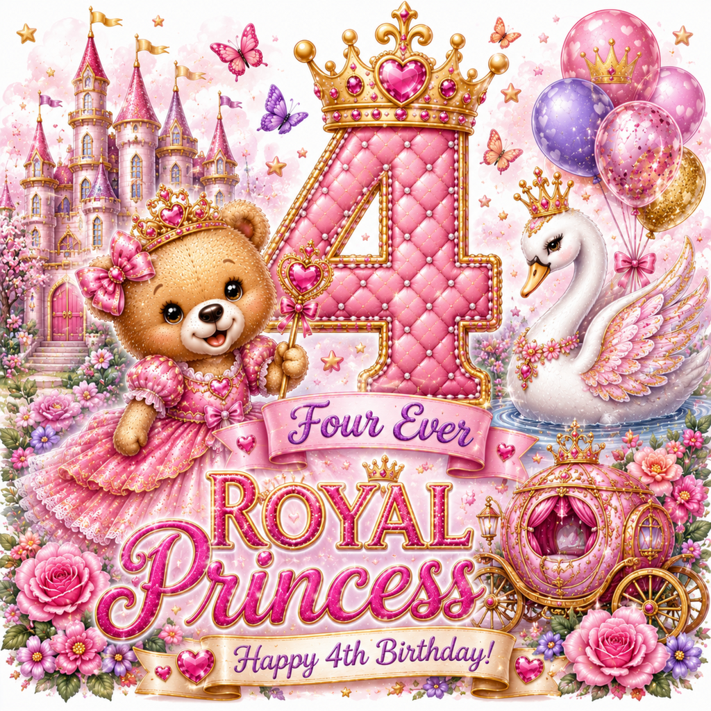 A whimsical 4th birthday illustration for a princess, featuring a large pink quilted number 4 with a gold crown, a teddy bear in a pink dress holding a heart wand, a white swan in a carriage, balloons, roses, butterflies, and the text 'Four Ever Royal Princess' and 'Happy 4th Birthday!'.