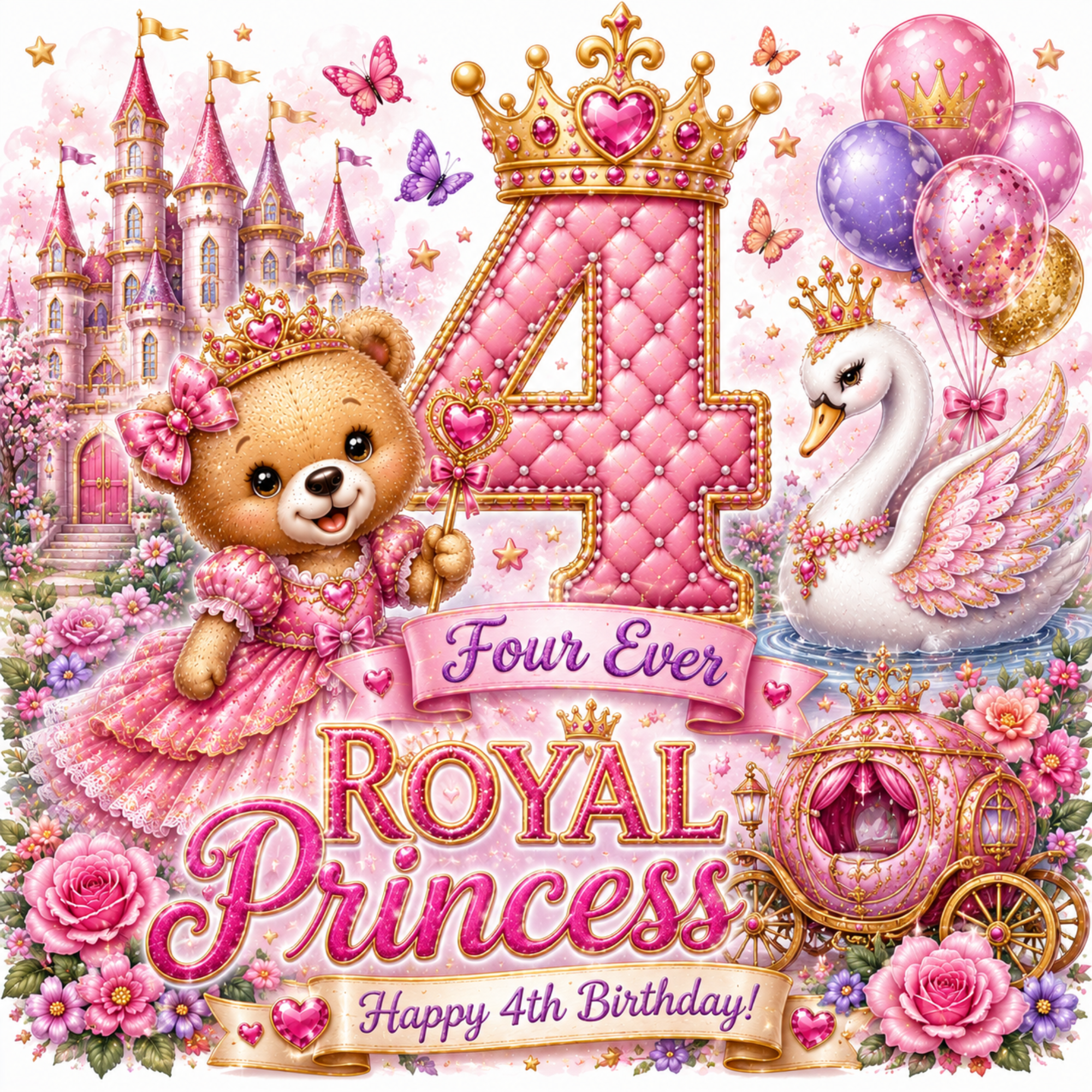 A whimsical 4th birthday illustration for a princess, featuring a large pink quilted number 4 with a gold crown, a teddy bear in a pink dress holding a heart wand, a white swan in a carriage, balloons, roses, butterflies, and the text 'Four Ever Royal Princess' and 'Happy 4th Birthday!'.