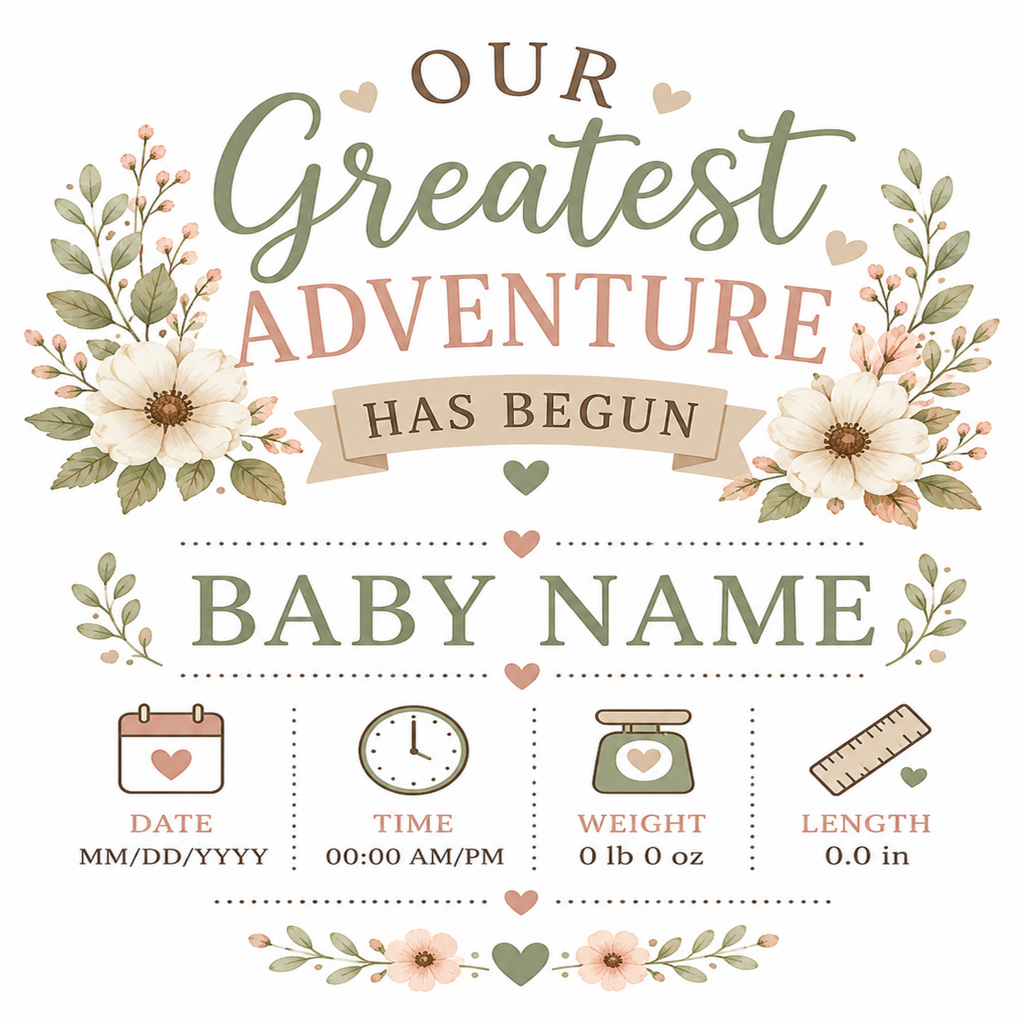 A baby shower keepsake card or sign template with floral illustrations and text reading 'Our Greatest Adventure Has Begun' and 'Baby Name,' plus fields for date, time, weight, and length.