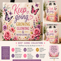 A tote bag with a floral and butterfly print and the text 'Keep going, GROWING GLOWING & NEVER GIVING UP' shown in multiple views on a white background, with descriptive text and icons below.