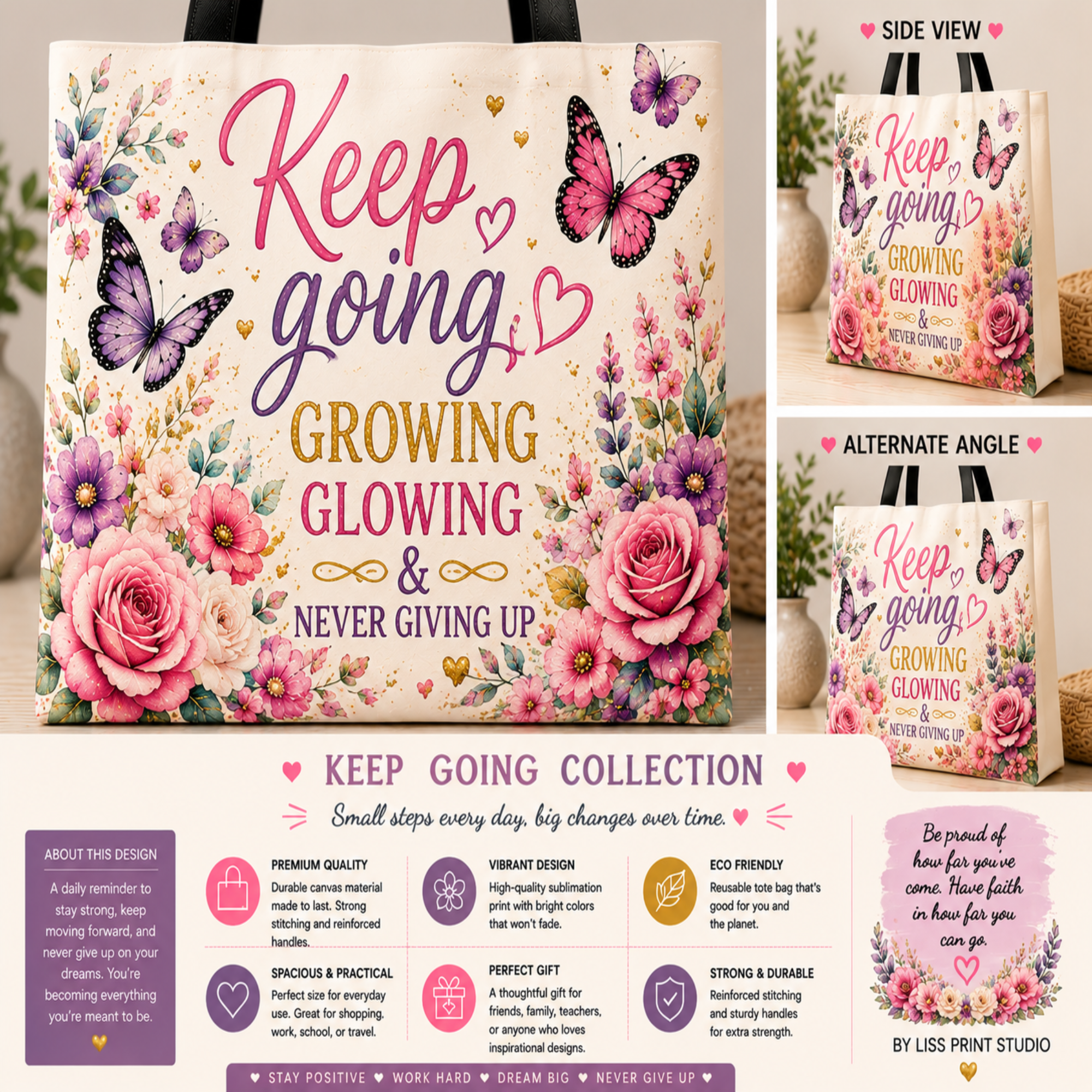 A tote bag with a floral and butterfly print and the text 'Keep going, GROWING GLOWING & NEVER GIVING UP' shown in multiple views on a white background, with descriptive text and icons below.