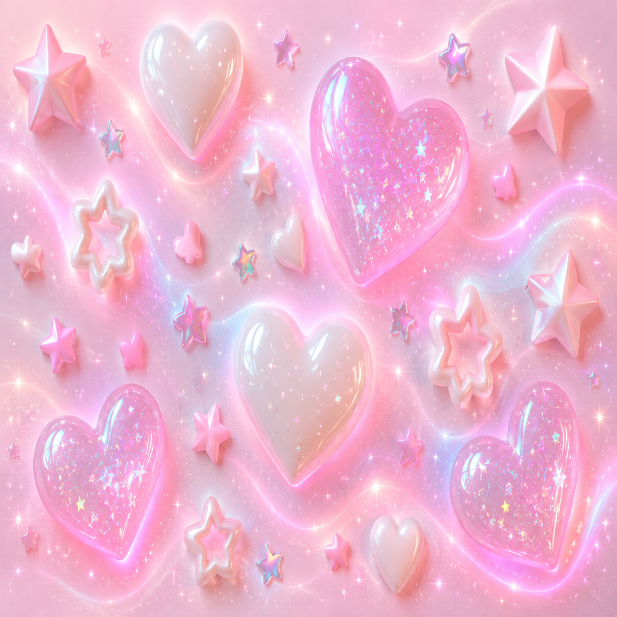 A whimsical pink and lavender scene filled with glossy translucent hearts, glittery stars, and soft glowing sparkles on a pastel background.
