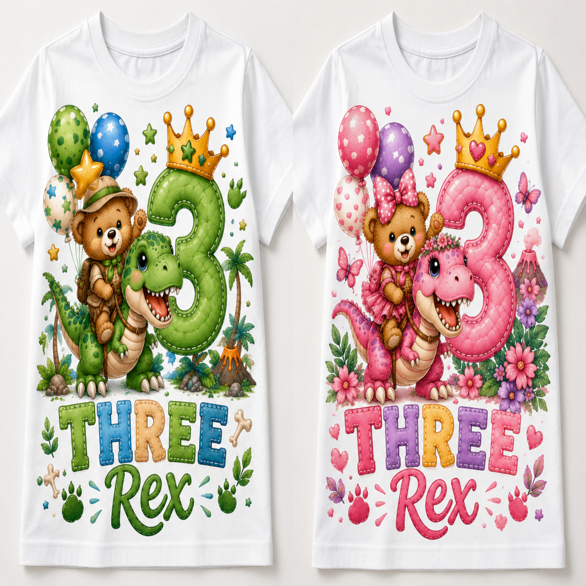 Two white short-sleeve T-shirts shown side by side, each printed with a colorful cartoon birthday design featuring a teddy bear with a dinosaur, a large number 3, balloons, flowers, and the text 'THREE Rex'.