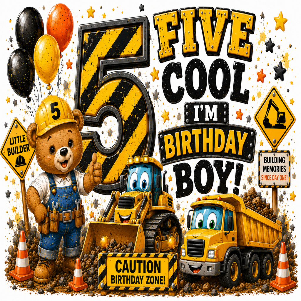 A colorful cartoon birthday graphic for a boy turning five, featuring a teddy bear in a construction helmet and overalls, a yellow bulldozer, a yellow dump truck, balloons, stars, and large text reading “FIVE COOL I’M BIRTHDAY BOY!”.