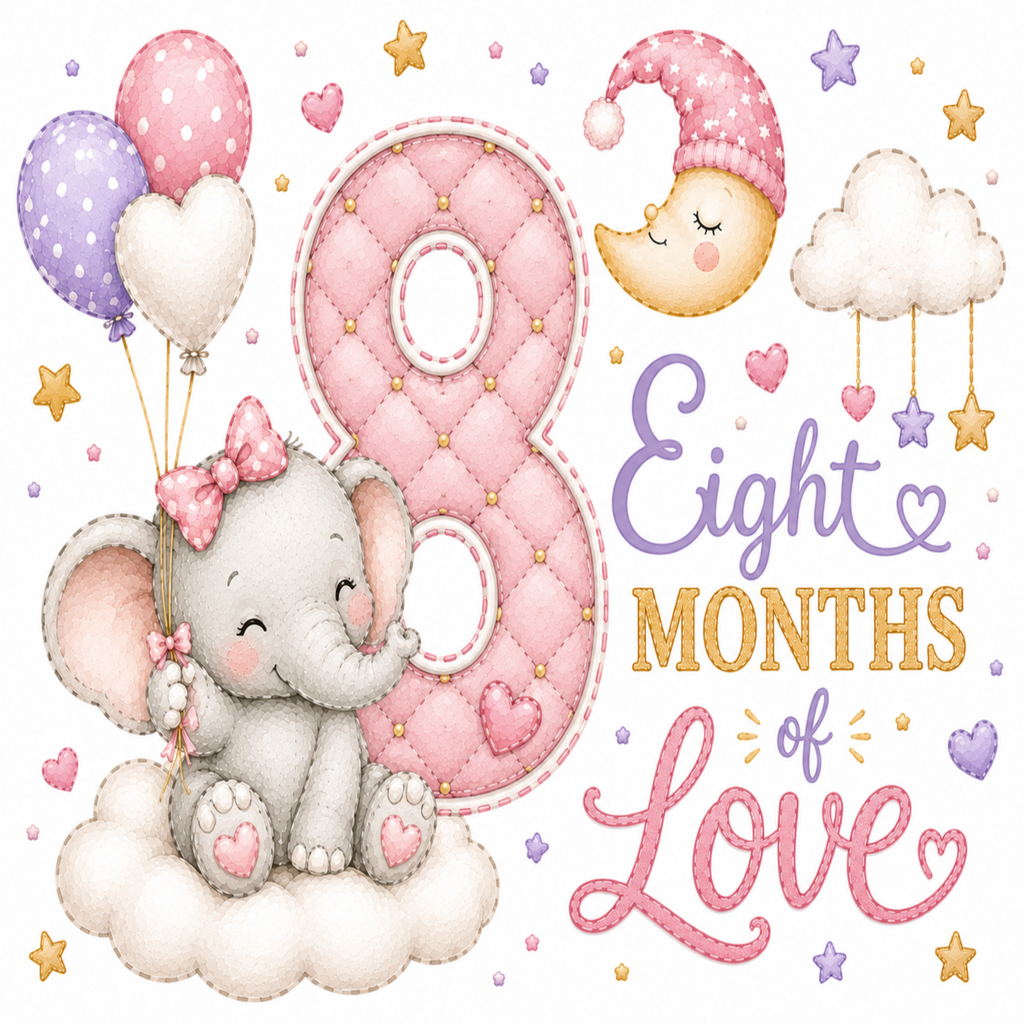 A cute baby milestone graphic celebrating 'Eight Months of Love' with a pink quilted number 8, a gray elephant holding pink and purple balloons on a cloud, a crescent moon in a pink hat, stars, and hearts on a white background.