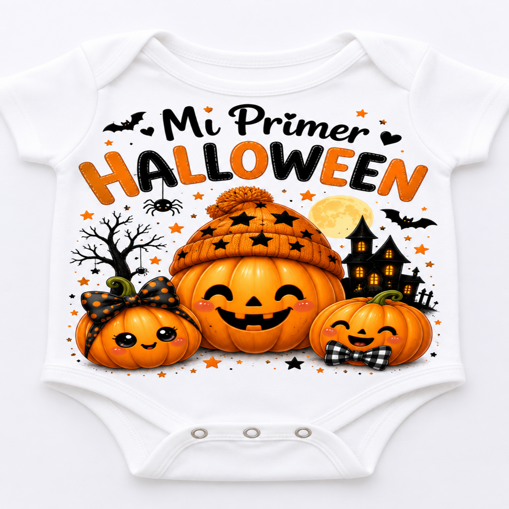 White baby bodysuit with a colorful 'Mi Primer HALLOWEEN' graphic print featuring jack-o'-lanterns, a haunted house, bats, and stars.