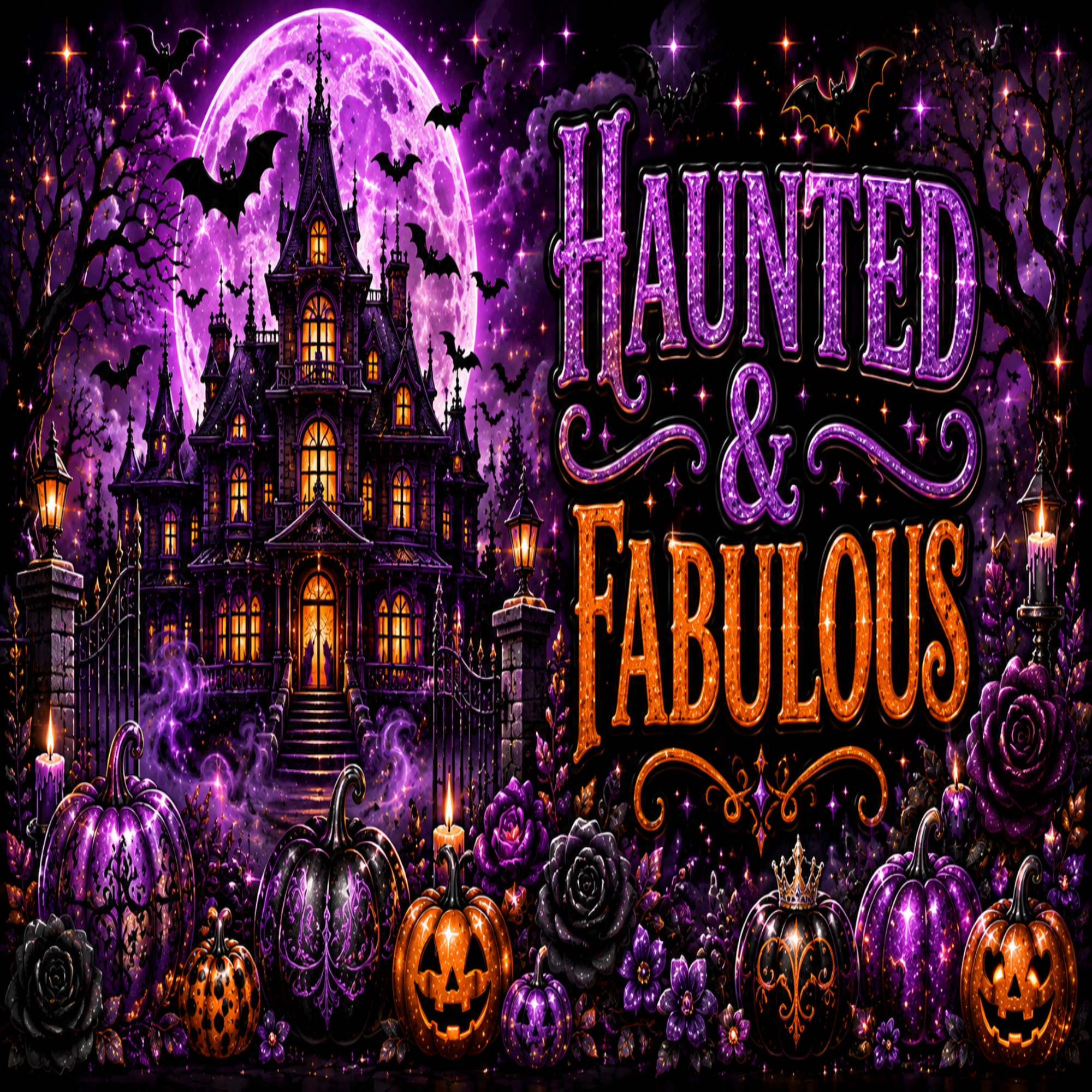 A Halloween-themed graphic design featuring a spooky haunted mansion, purple full moon, bats, pumpkins, roses, and the text 'Haunted & Fabulous' in glittery purple and orange lettering.