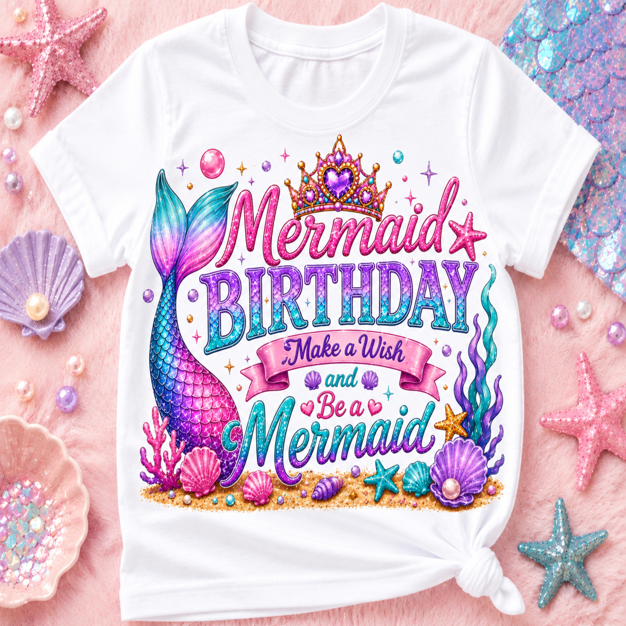 A white short-sleeve T-shirt laid flat on a pink surface with decorative seashells, starfish, pearls, and glitter. The shirt has a colorful mermaid-themed birthday graphic reading “Mermaid Birthday Make a Wish and Be a Mermaid,” with a mermaid tail, crown, bubbles, and sea plants.