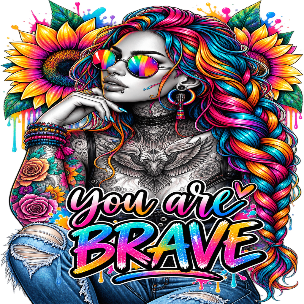 Vibrant graphic art print featuring a stylized woman with rainbow-colored sunglasses, a colorful braided wig, tattoos, large sunflowers, and the text 'You are BRAVE' in bold rainbow lettering.