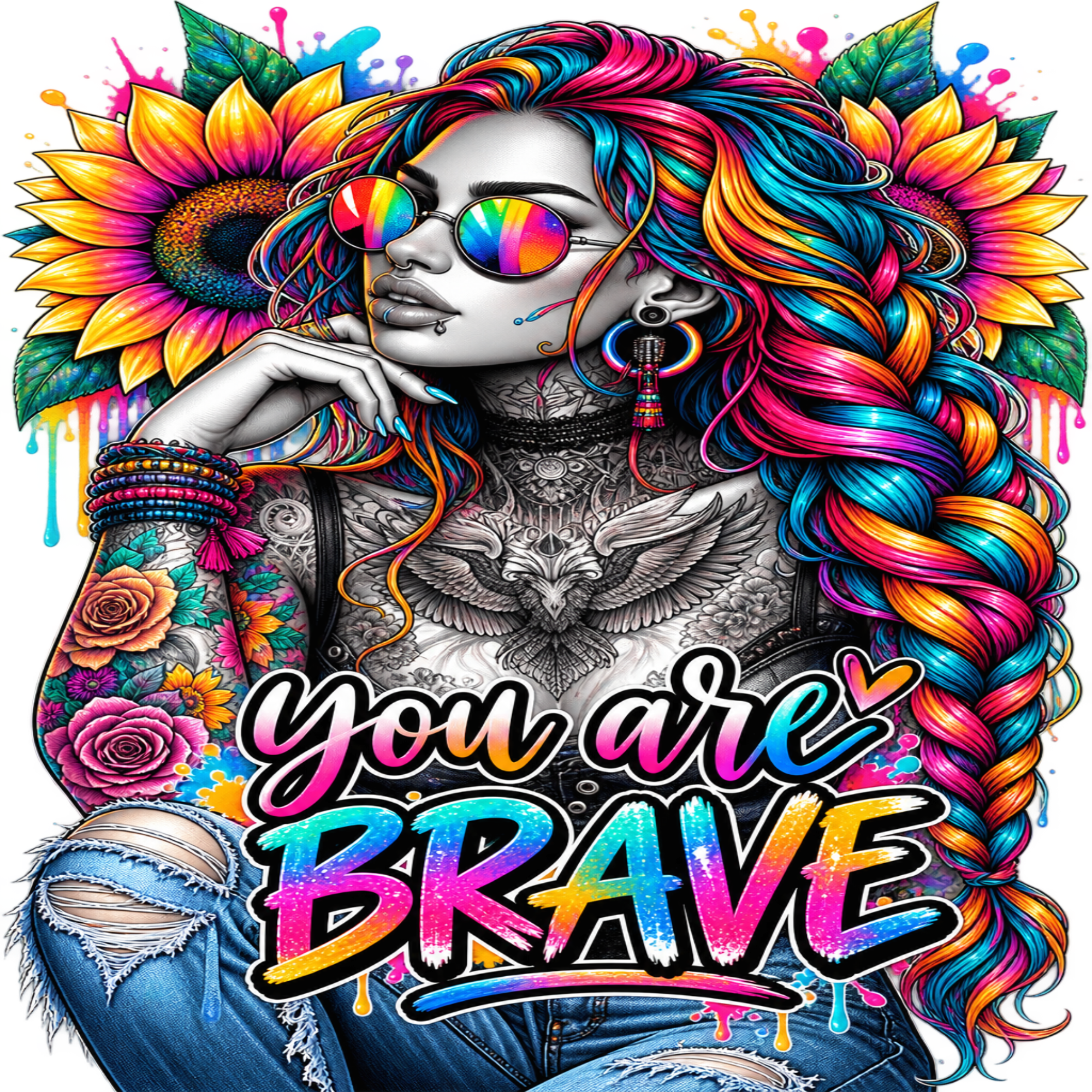 Vibrant graphic art print featuring a stylized woman with rainbow-colored sunglasses, a colorful braided wig, tattoos, large sunflowers, and the text 'You are BRAVE' in bold rainbow lettering.