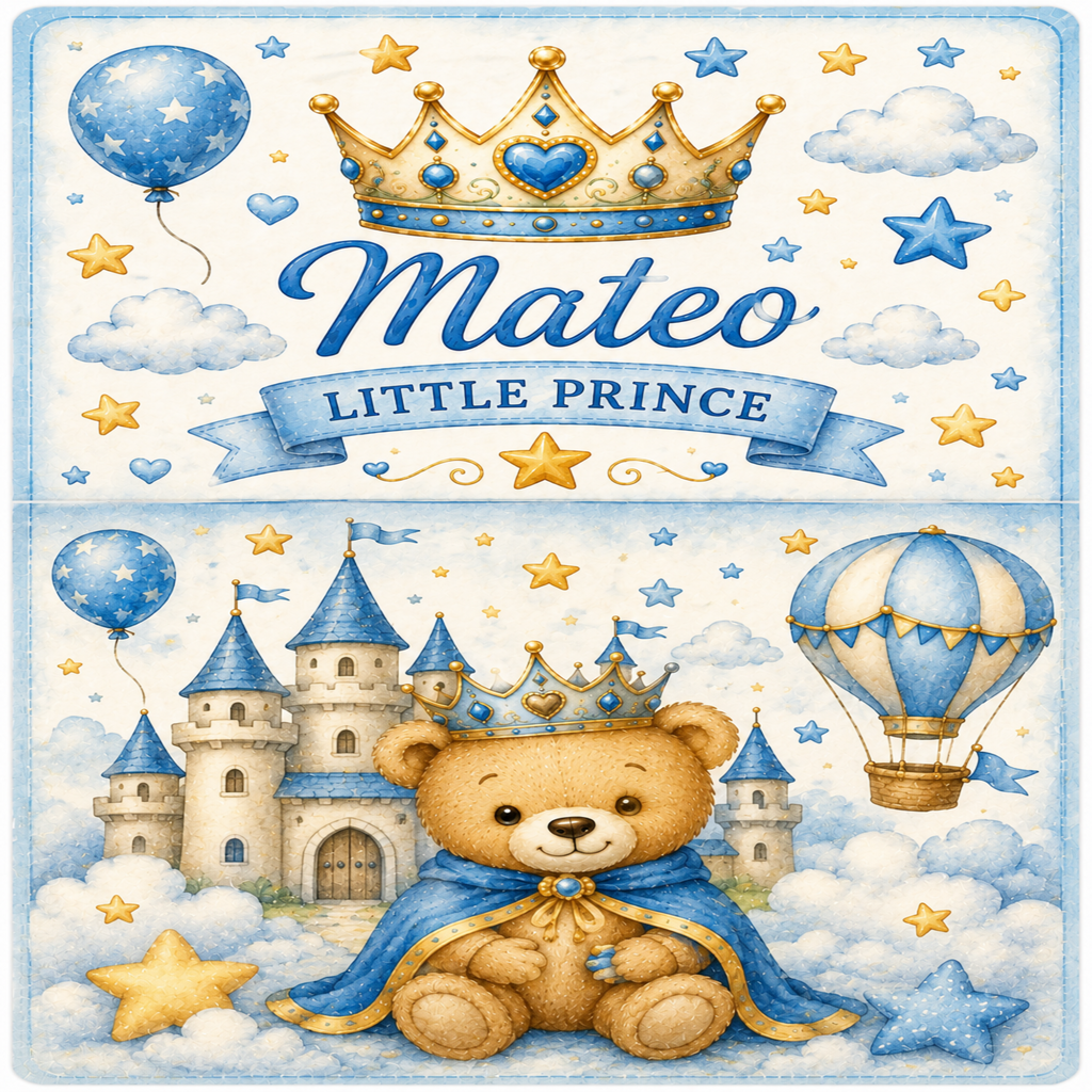 A personalized children's nursery wall art print featuring a watercolor-style design with the name 'Mateo' and the text 'LITTLE PRINCE'. The top half shows a blue star balloon, a gold and blue crown, and white clouds.