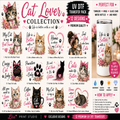 A promotional graphic for a 'Cat Lover Collection' UV DTF transfer pack by Liss Print Studio, showcasing 12 different cat-themed designs on a white background with a tumbler mockup on the right.