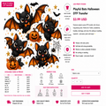 A promotional graphic for a Playful Bats Halloween DTF transfer, showing two cartoon bats with black and white coloring and orange eyes, surrounded by stars, spiderwebs, and product details on a white background.