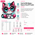 A promotional graphic for a 'Cute Cat With Glasses' ready-to-press DTF transfer by Liss Print Studio. The design features a colorful cartoon cat wearing round glasses, with text detailing product features, available sizes, and a shopping cart interface on a white background.