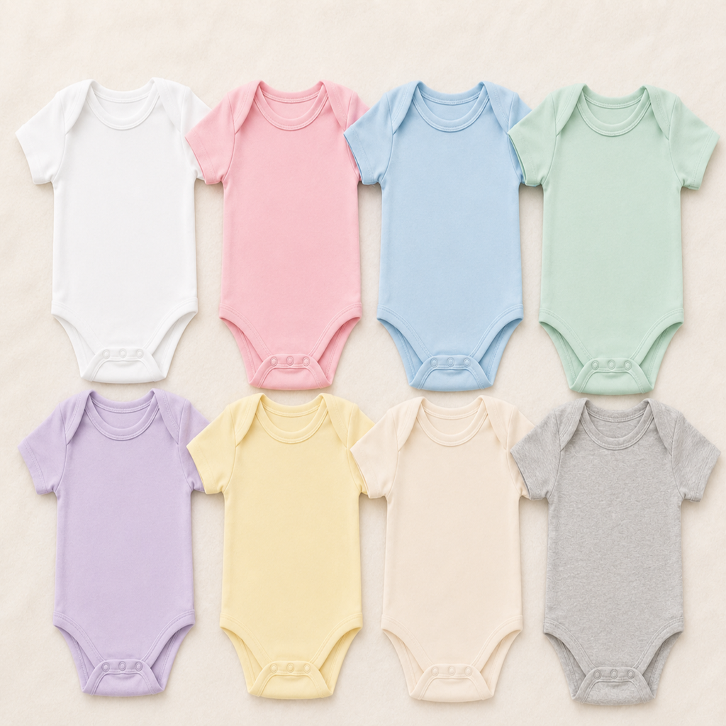 Eight short-sleeve baby bodysuits in pastel colors arranged in two rows on a light beige background. The colors include white, pink, light blue, mint green, lavender, pale yellow, cream, and heather gray.