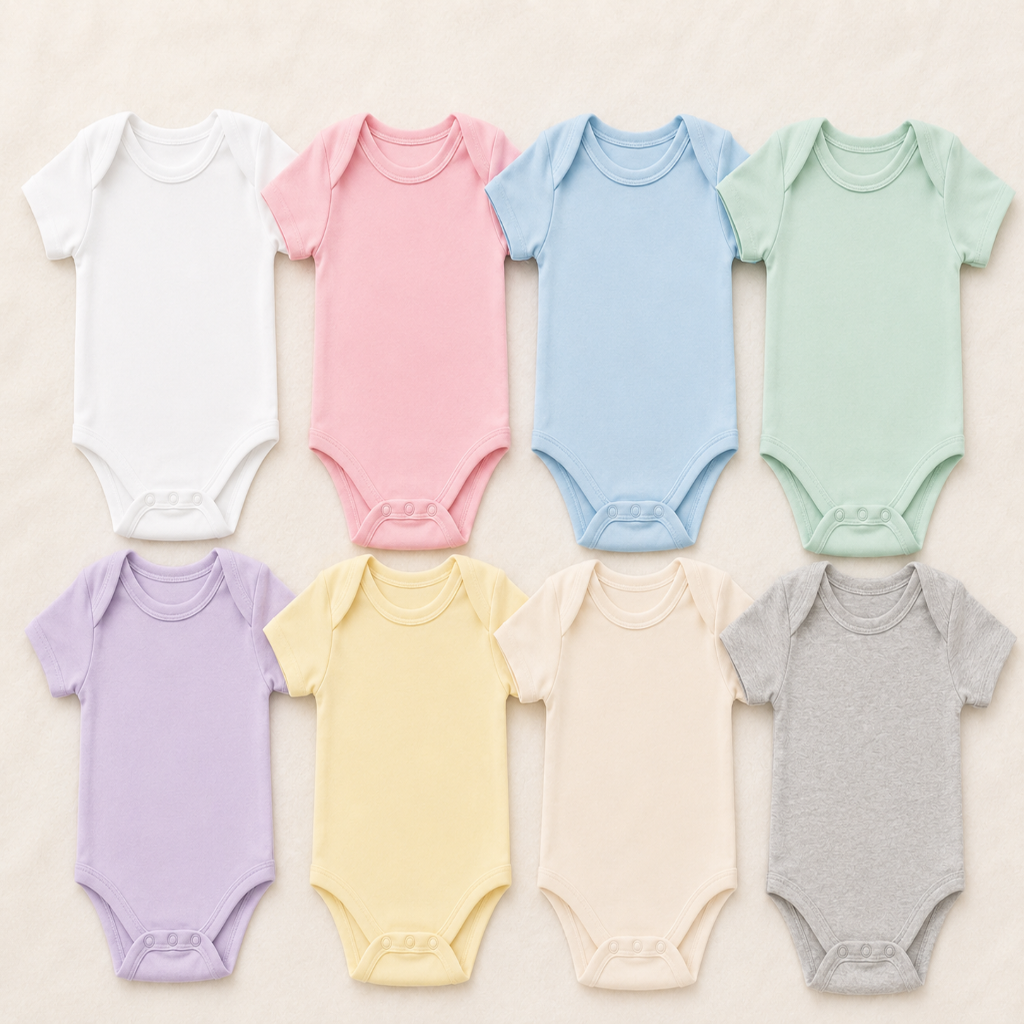 Eight short-sleeve baby bodysuits in pastel colors arranged in two rows on a light beige background. The colors include white, pink, light blue, mint green, lavender, pale yellow, cream, and heather gray.