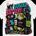 A white short-sleeve graphic t-shirt featuring a colorful cartoon frog wearing a black hoodie and headphones, surrounded by humorous social exhaustion text and stickers. The design includes a battery icon showing 1% charge and the phrase 'MY SOCIAL BATTERY IS ON 1%'.
