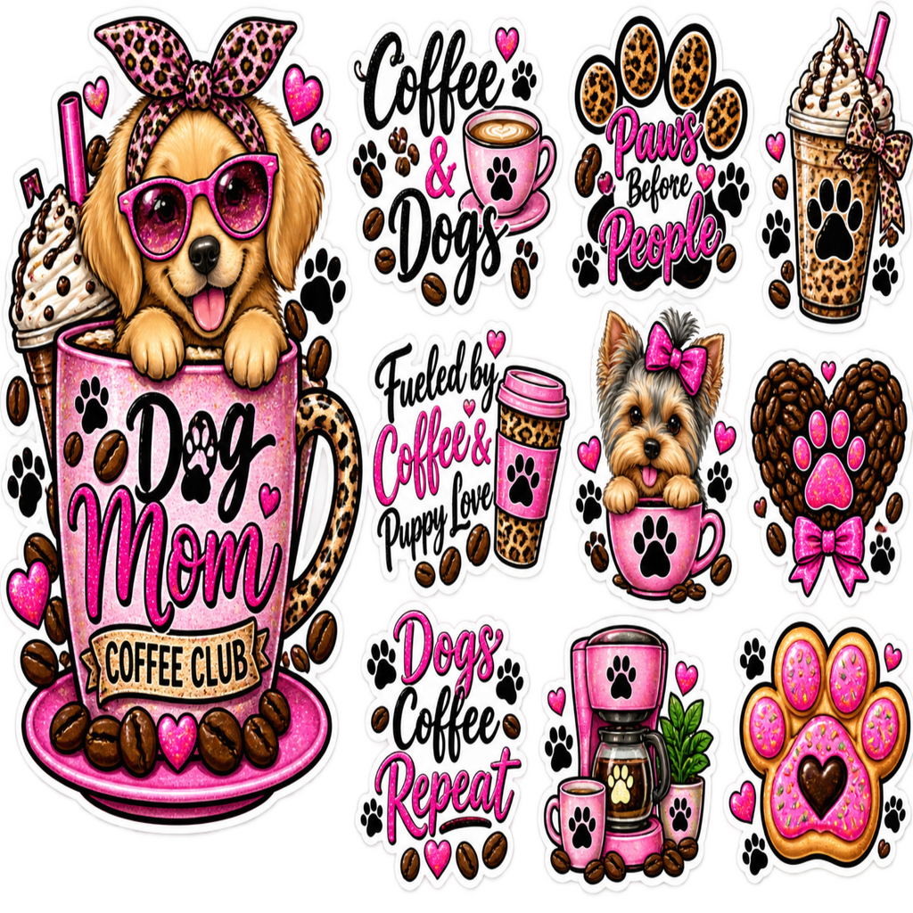 A sheet of cartoon dog and coffee-themed stickers or decals, including a large dog in sunglasses sitting in a pink coffee mug, smaller dog illustrations, paw prints, coffee cups, hearts, and phrases like 'Coffee & Dogs,' 'Paws Before People,' and 'Dogs Coffee Repeat.'.