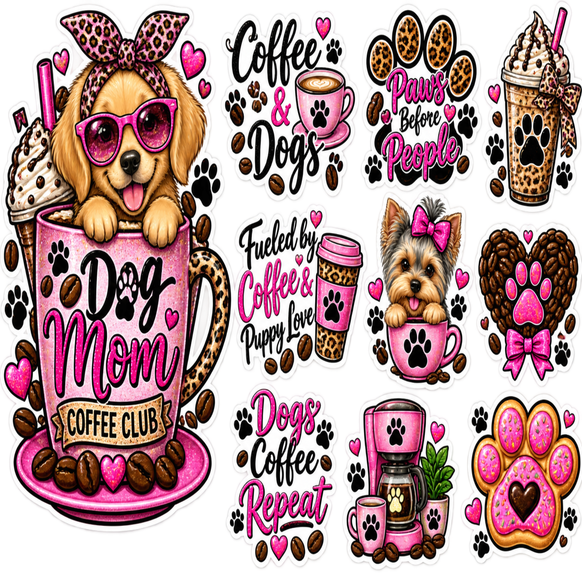 A sheet of cartoon dog and coffee-themed stickers or decals, including a large dog in sunglasses sitting in a pink coffee mug, smaller dog illustrations, paw prints, coffee cups, hearts, and phrases like 'Coffee & Dogs,' 'Paws Before People,' and 'Dogs Coffee Repeat.'.