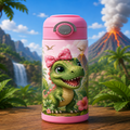 A pink insulated water bottle with a cartoon green dinosaur wearing a pink bow, standing on a wooden surface with a blurred tropical volcano and waterfall background.