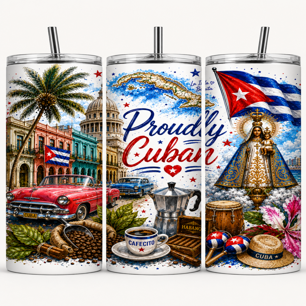 Three tall skinny tumblers with clear lids and metal straws, each printed with a colorful Cuban-themed design. The designs include a red convertible car, a capitol building, a coffee cup, a moka pot, a Cuban flag, religious imagery, and the words 'Proudly Cuban'.