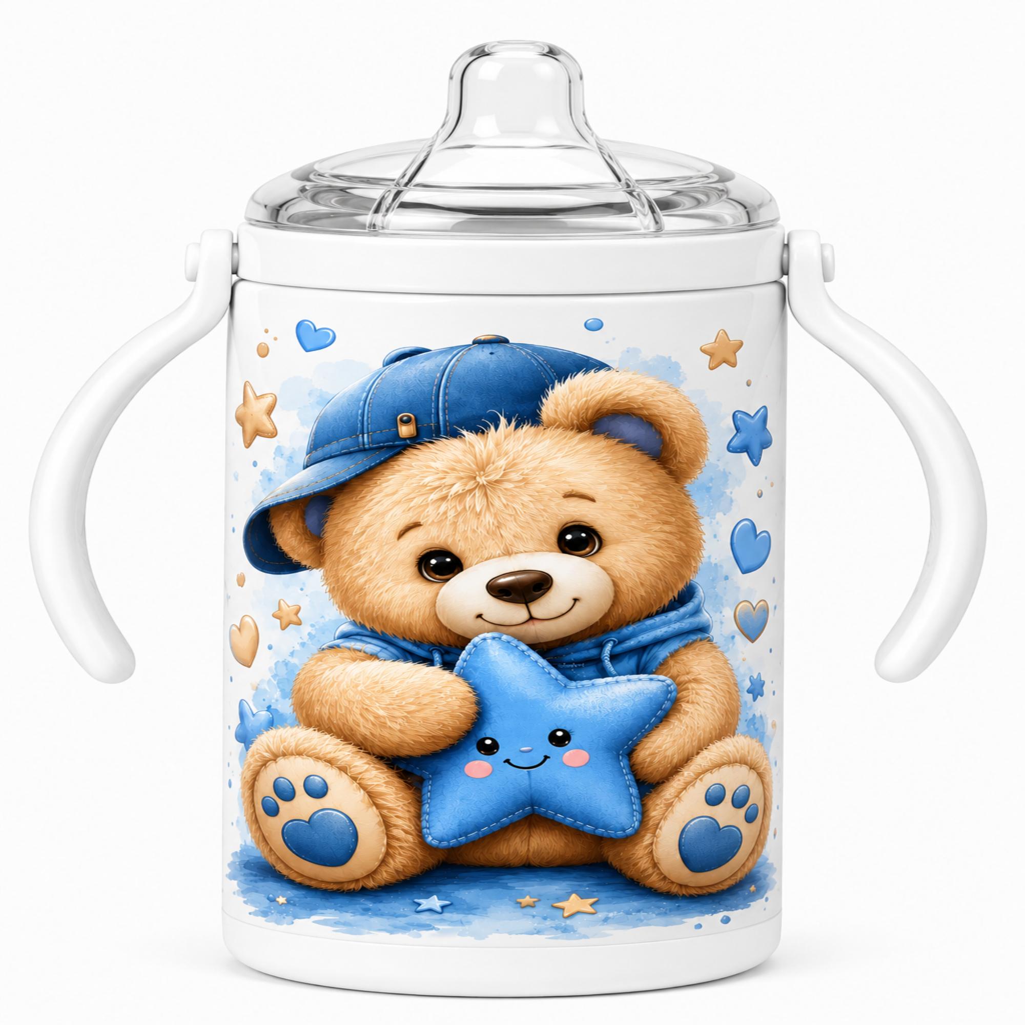 A white baby tumbler with side handles and a clear lid, featuring a printed illustration of a smiling teddy bear in a blue cap holding a blue star, on a light gray background.