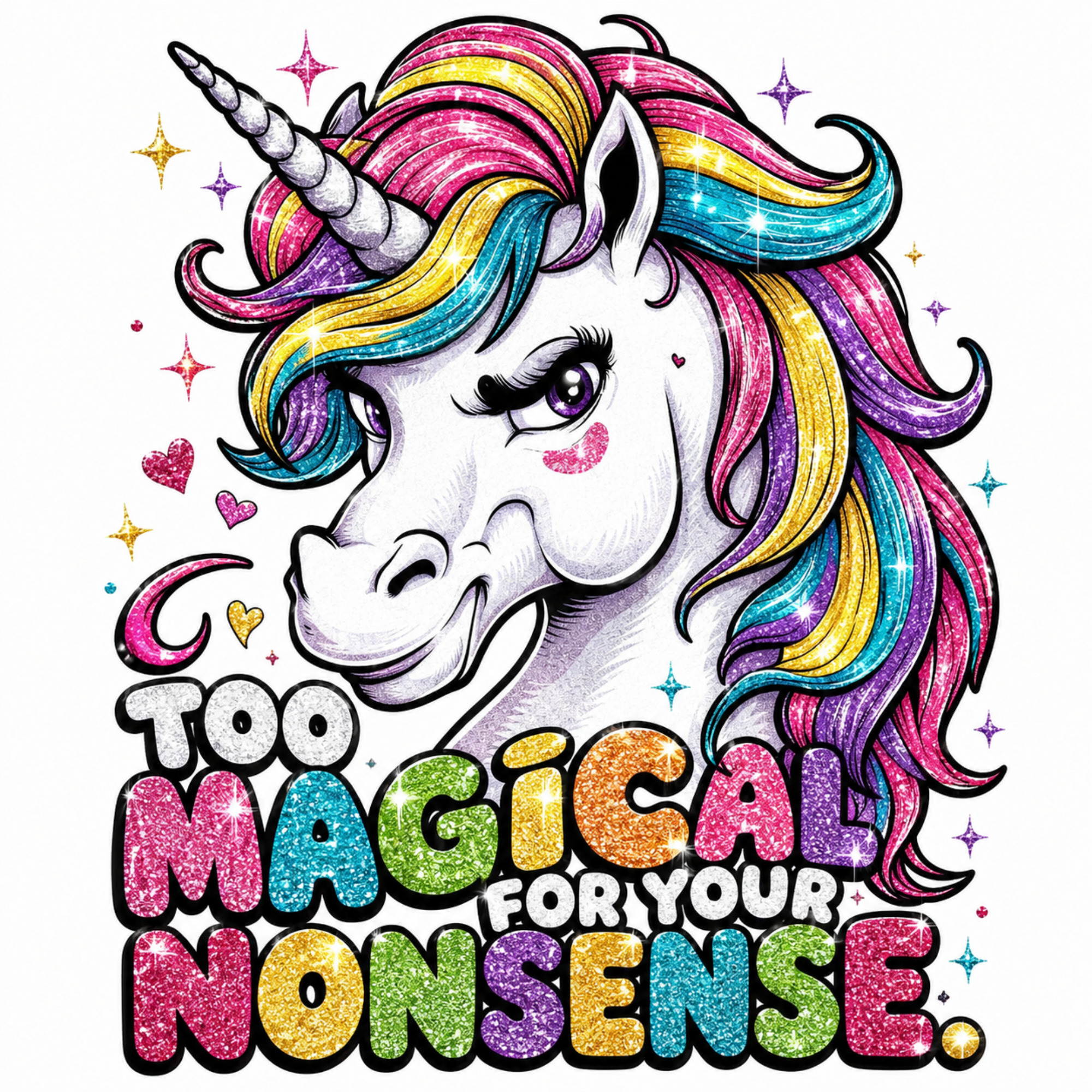 A colorful graphic design of a white unicorn with a glittery rainbow mane and horn, accompanied by the text 'TOO MAGICAL FOR YOUR NONSENSE.' in rainbow glitter lettering, on a plain white background.